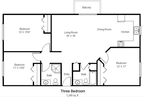 A floor plan of a three bedroom apartment.